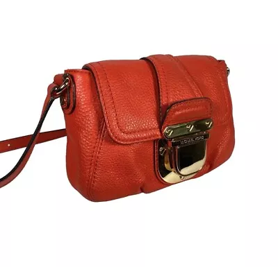 MICHAEL KORS Charlton Mandarin Red Leather Crossbody Purse Bag Gold Buckle • $35