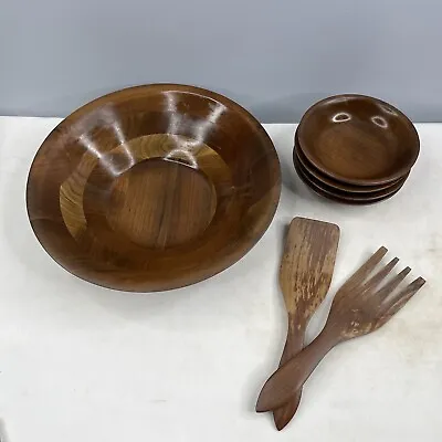 Vermillion Real Walnut Salad Wood Bowl Serving Set 7 Pc Vintage Made In USA • $29.99