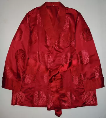 Vtg Burgundy Satin Brocade Smoking Jacket 46 Quilted Shawl Collar Lounge Wear • $129.99