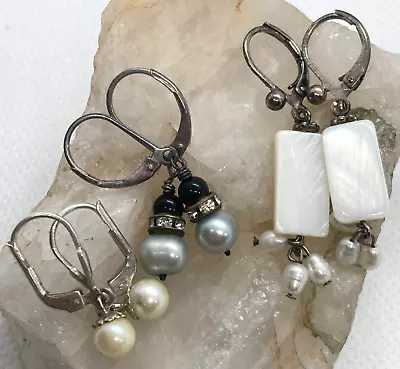 Vintage Lot Of 3 Pearl Dangle Pierced Leverback Earrings Sterling 925 Silver 6g • $24.99