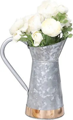 Vintage Galvanized Silver Metal Decorative Pitcher Vase W/ Copper Strip & Handle • $19.99