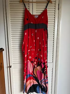 Red Cotton Maxi Dress With Colourful Detail - Size M/L (12-14) • $15