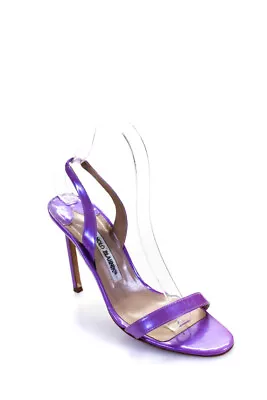 Manolo Blahnik Womens Patent Leather Sling Back High Heels Purple Size 37.5 7.5 • $62.99