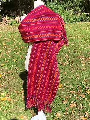 Mexican Fringed Rebozo Wrap Shawl Woven Pattern 6x2.75 Burgundy Red Rainbow J4 • $21.90