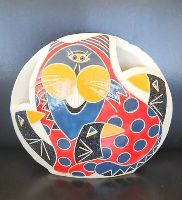 $57 • Buy Studio Art Pottery Abstract Vase Cat With Birds Crows Vintage?