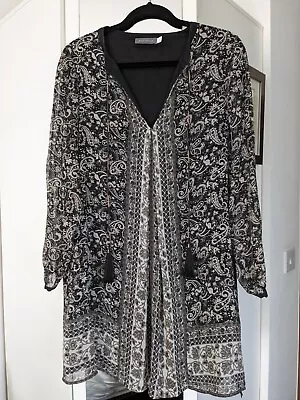 Mint Velvet Black Paisley Dress Size 12 Knee Length Floaty Kaftan Tassle Tie • £17