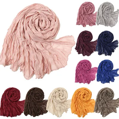 Crinkle Scarf Muslim Women Hijab Solid Color Shawl Wrap Islamic Turban Scarves • $9.07