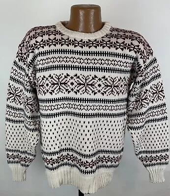 Vintage 80s 90s Fair Isle Ski Sweater L Tight Fit Cotton Crewneck USA MADE Retro • $24.99