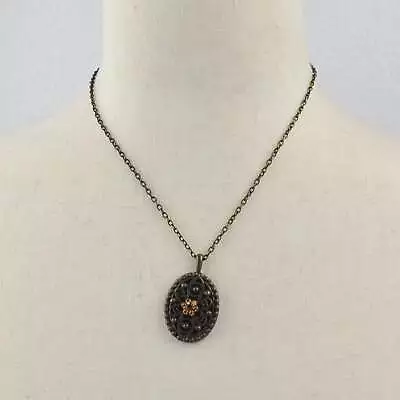 Oval Filigree Pendant Necklace Bronze Tone Charm Pendant Dangle Rhinestone • $11.99