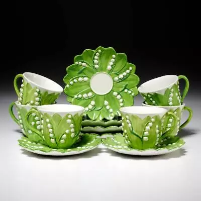 (6) Vtg Italy Ceramic Majolica Lily Of The Valley Teacups & Saucers *READ* • $120