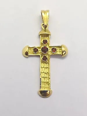 18ct 750 Yellow GOLD RED GARNET CROSS 5 Shiny Gemstones 15x29mm 1.2g • £125