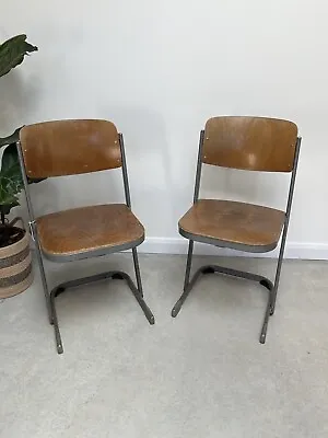 Pair Vintage Stacking School Chairs With Grey Metal Cantilever Frame • £60