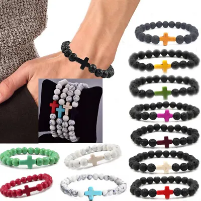 $6.29 • Buy Healing Lava Stone Cross Bracelet Oil Diffuser Beads For Men And Women