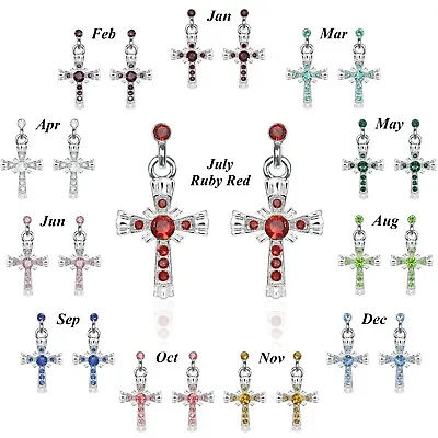 Birthstone Silver Cross Earrings Austrian Crystal Surgical Steel 12 Months • $11.99