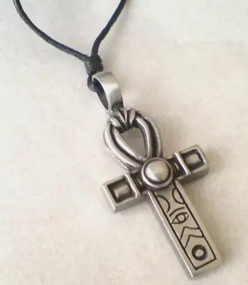 ANKH ANK PENDANT EGYPT 4.5cm WITH EGYPTIAN HIEROGLYPHS /PEWTER ON CORD NECKLACE • £5.99