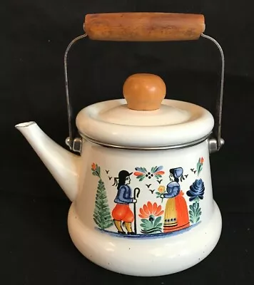 Unusual Quimper Enamel Tea KettleTea Pot  French Peasants Wood & Metal Handle • $16