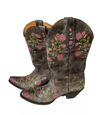 Women Crater Black Cowgirl Embroidered Floral Western Leather Boot REDHAWK Sz 9 • $99.99