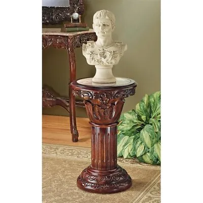 Hand-carved Hardwood And Solid Natural Marble Column Pedestal 23  • $509
