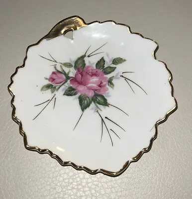 Vintage Trinket Dish Leaf Shaped Floral Pattern Made In Japan Gold Detail • $7.20