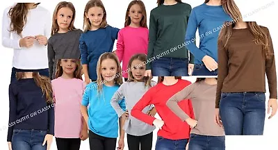  Kids Plain Top Girls Boys Long Sleeve Tee T Shirt Fit Pe Tops Vest Crew Neck • £4.49