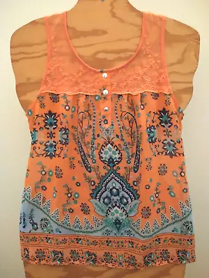 Womens Multi-Color Floral Sleeveless Peach Lace Yoke Top Sz S By Mine • $6.99
