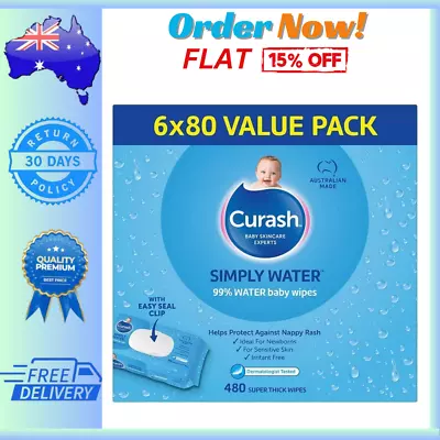 Curash Simply Water Baby Wet Wipes Pack Of 480 (6 X 80) Wipes-Free Shipping AU • $27.34