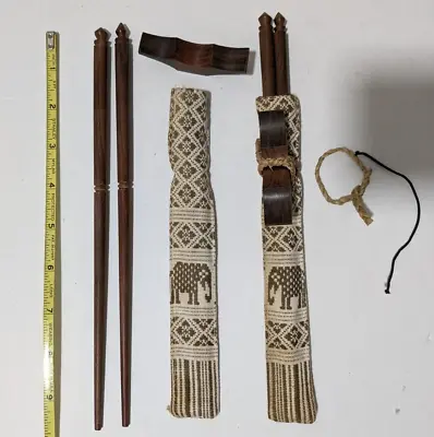 2 Pair Vintage Hand Carved Japanese Chopsticks-elephant Embroidered Cases+Stands • $65