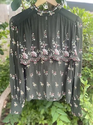 $13.50 • Buy Zara Green Floral Embroidered Semi Sheer Blouse Long Sleeves Size XS