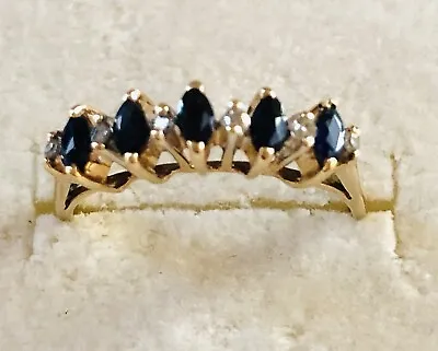 Signed FLN 14K Yellow Gold Marquise Sapphire & Diamond Ring Sz 6.5 / 2.25 Grams • $125