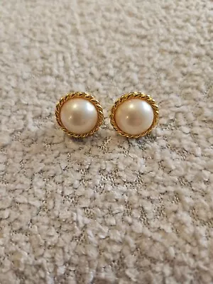 Marvella Gold Toned Round Faux Pearl Cabochon Earrings W/ Rope Edges Clip On VTG • $6