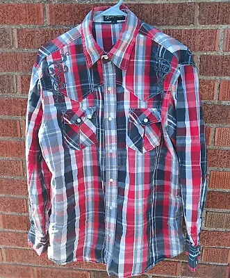 PJ Petrol Mens Western L Plaid Shirt Embroidered Detail Pearl Snap  • $16.50