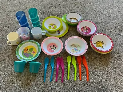 Joblot Collection 34 Pieces Of Childrens Melamine Plastic Tableware Bowls Etc. • £15