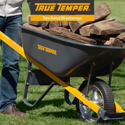 True Temper 6 Cu.Ft. Never Flat Tire Steel Wheelbarrow - Grey/Yellow (R6STSP25) • $159