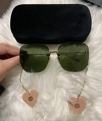 New Authentic GUCCI GG1147S 002 Gold/green + Earring Heart Sunglasses RRP$800+ • $349.99