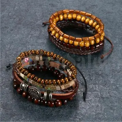 8pcs Beaded Braided Leather Tribal Men Women Brown Bracelet Cuff Wristband Set F • $12.99