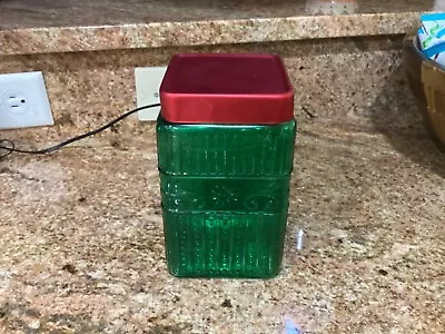 Vintage 1970'S Green Glass Ribbed Canister Jar W/ Red Tin Lid Christmas Gift • $20