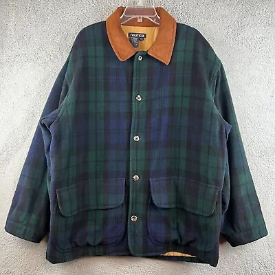 Vintage Nautica Chore Coat Jacket Hunting Corduroy Green Plaid Size L • $54.99