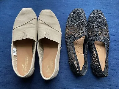 TOMS Women's Shoes Lot- Khaki/Gold/Beige Slip-On Flats Size 9.5 USED- Crochet • $19.99