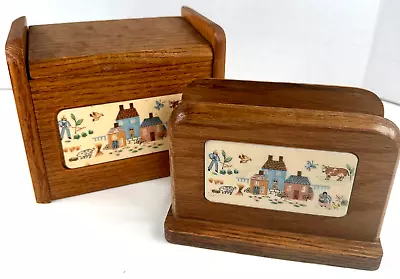 Vintage Napkin Holder Heartland Farmhouse Recipe Wooden Oak Box • $24.97