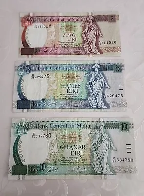 Malta 2 5 10 Liri 3  Banknotes Set 1967(1994) Vf • $50