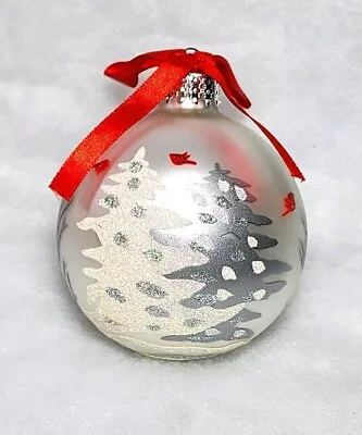 Silver Glass Ornament Frost Glitter And Silver Trees Cardinals Red Ribbon • $7.99