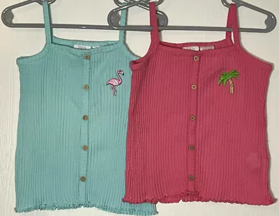 Zara Toddler Girl 4/5 Top Spaghetti Straps Ribbed-Lot Of 2 Pink/Turquoise Button • $10.75