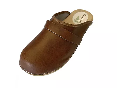 Solema ERIK Leather Slip-on Mens Clogs Mules Slippers Sabot Shoes Dark Cognac • £37.99