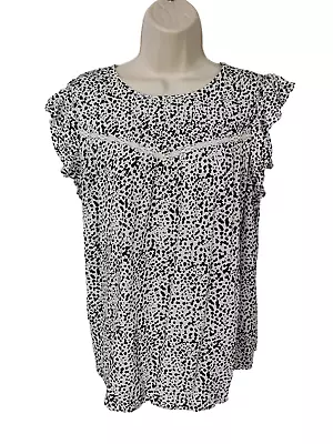 Womens M&s Uk 14 White Dalmation Print Casual Flutter Sleeve Smock Summer Top • £9.59