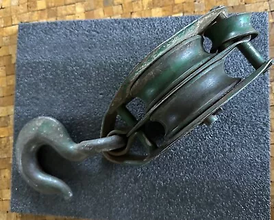 Vintage Green Cast  Iron Industrial Pulley Wheel And Hook • $29.95