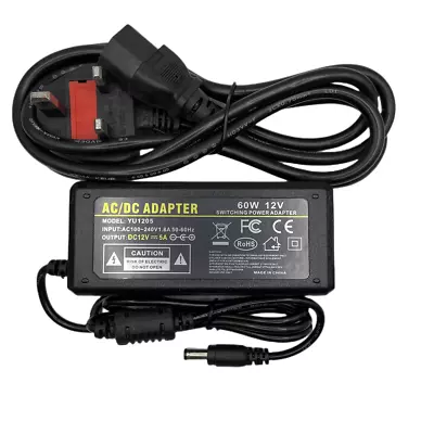 AC DC 12V 5A 60W Power Supply Adapter Charger For LED CCTV 3 Pin UK Plug • £9.98