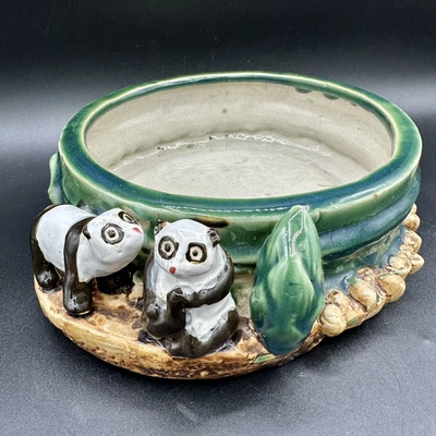 $9.95 • Buy Vintage Majolica Ceramic Pandas On Bamboo Planter Flower Pot Vase Pottery Bonsai
