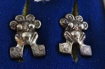 Unusual Dainty Vintage Silver Pierced Inca Mayan Design Earrings In Original Box • $29.50