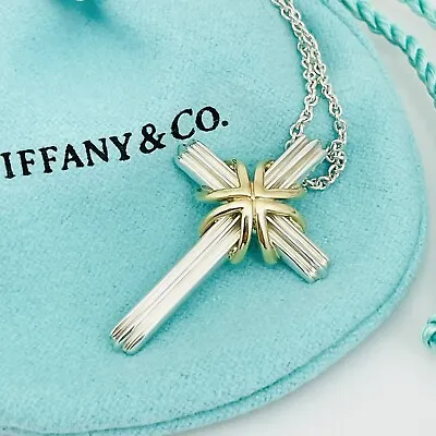 24  Tiffany & Co Cross Crucifix Pendant Necklace Silver 18k Gold Mens Unisex • $499.95