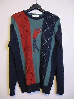St Michael Lambswool Jumper Mens Small Golf Embroidered Tartan Argyle Graphic • £24.95